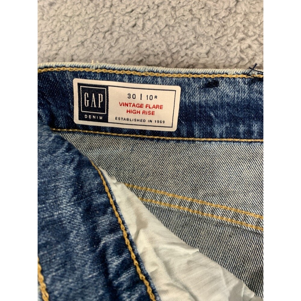 GAP Women’s Vintage Flare High Rise Unique Blue Wash Distress Jeans 30 / 10R - Picture 8 of 13